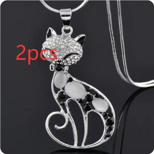 Cute Crystal Shining Diamond Opal Cartoon Fox Cat Necklace